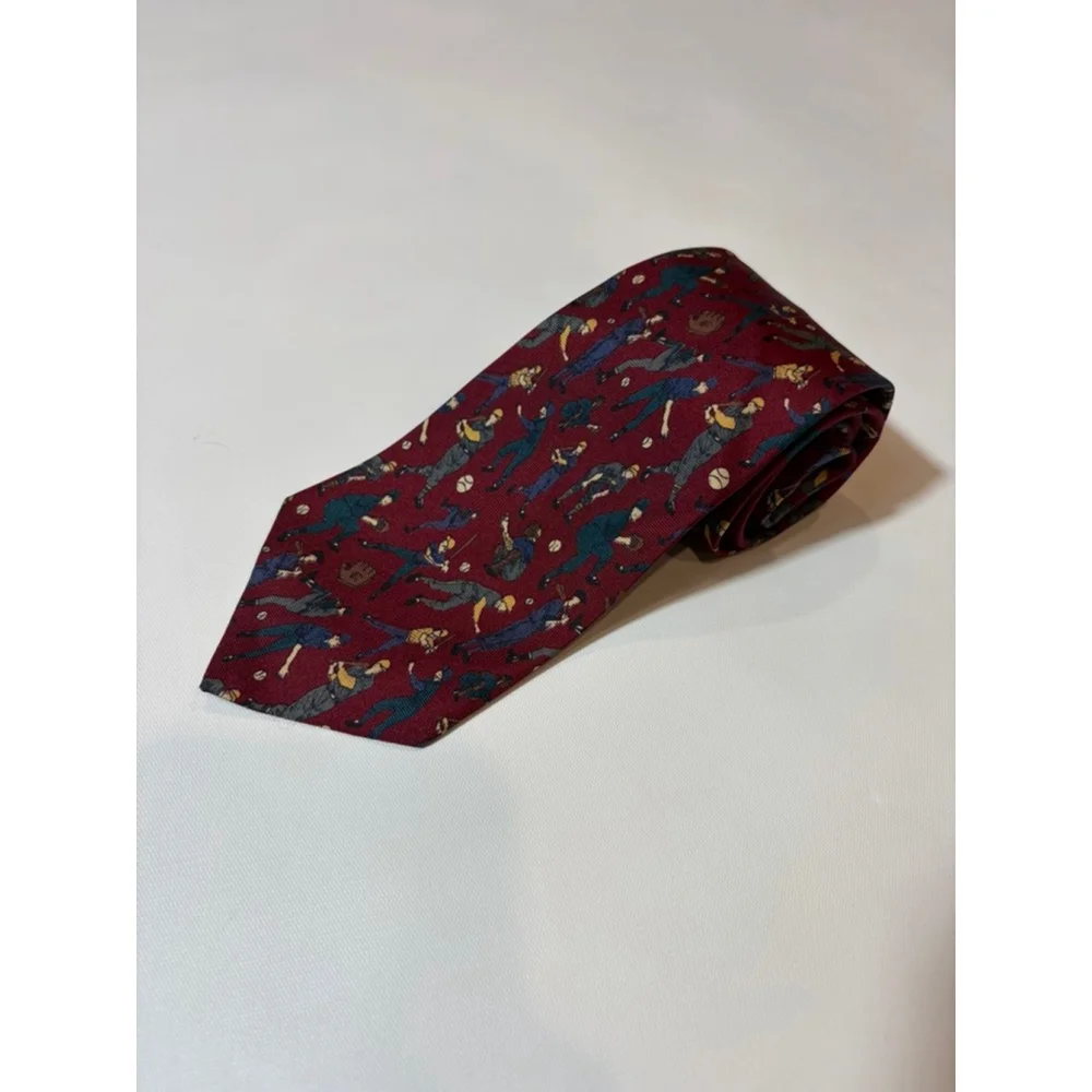 Christian Dior Silk Tie Baseball Print Burgundy Novelty Mens Necktie
